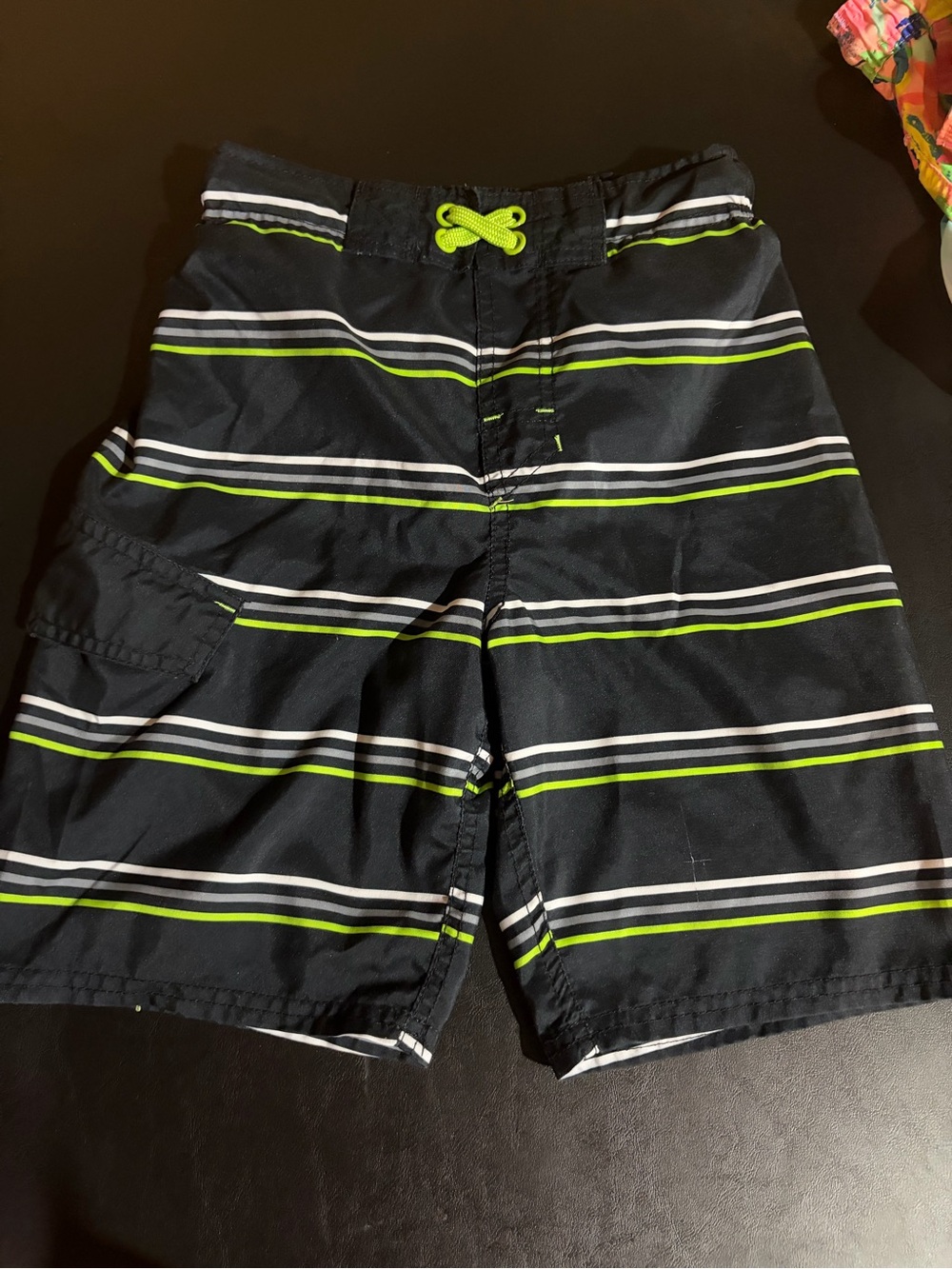 Boys Black Swim Trunks with Lime and White Stripes